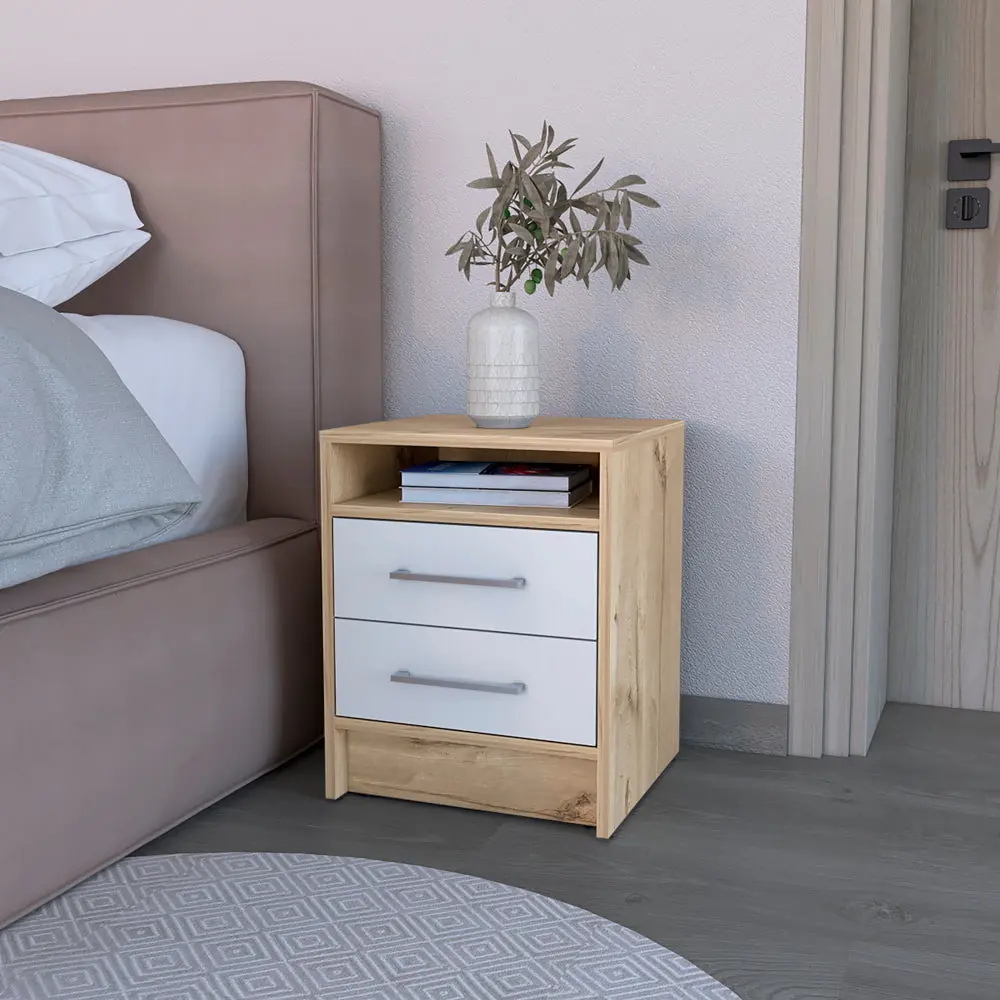 Nightstand Shopping Basket Two Drawers White Light Oak Finish treevol furniture