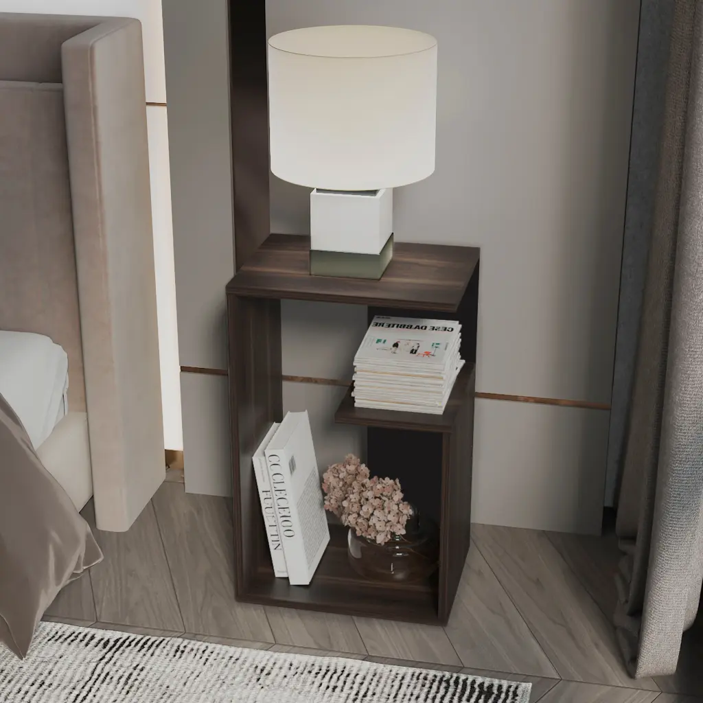 Everet 25 Inch High 3 Tier Open Shelves Night Stand Dark Oak Bedroom Storage tuhome