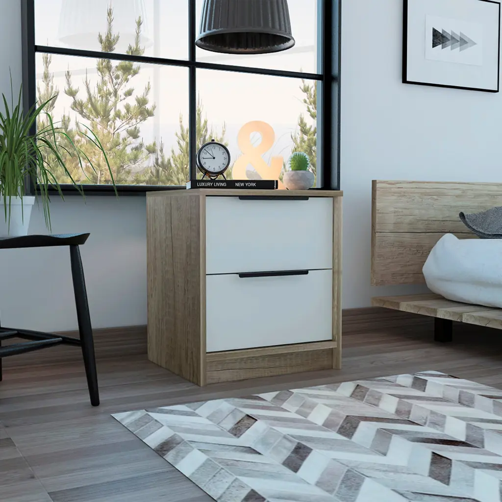Kaia Nightstand Side Table Two Drawers Metallic Handle White Finish tuhome