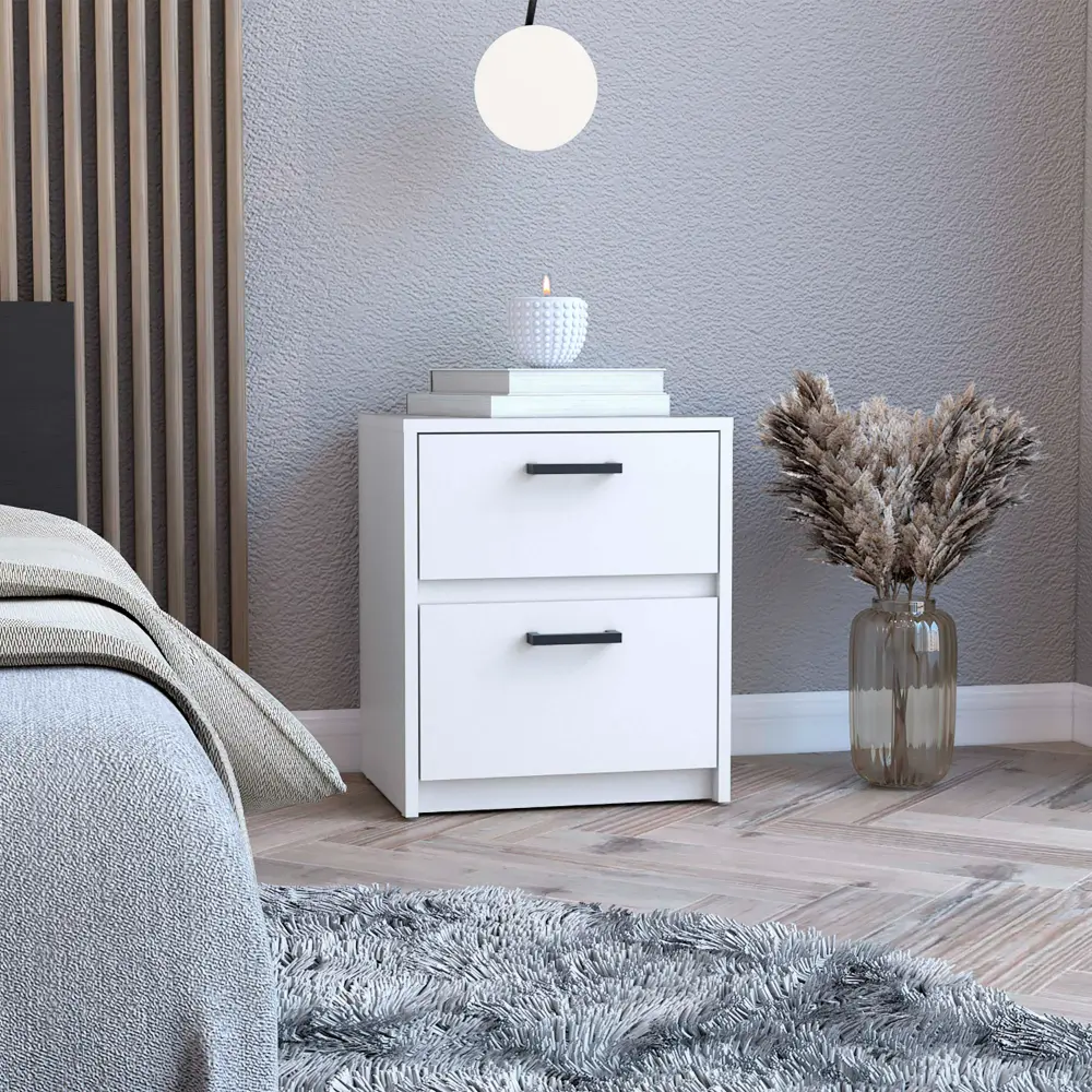 Trivor 2 Drawers Nightstand Side Table Metallic Handles White tuhome