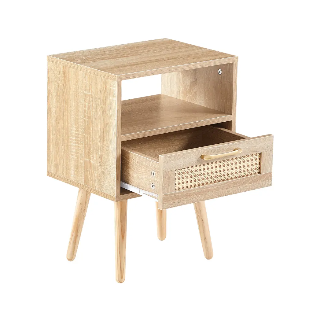 15.75'' Rattan End Table Drawer And Solid Wood Legs Modern Nightstand w2181