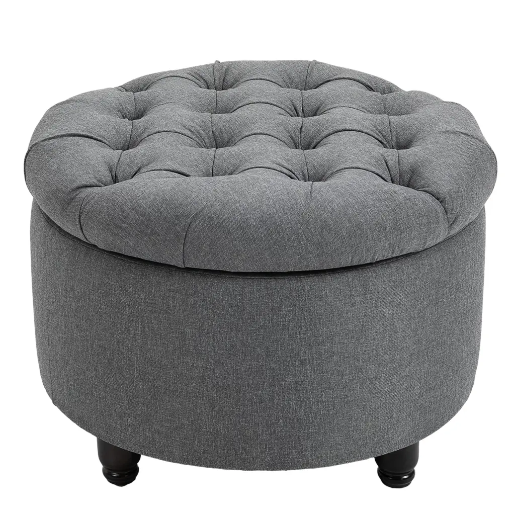 Homcom Round Linen Touch Storage Footstool Ottoman Button Tufted Design aosom business