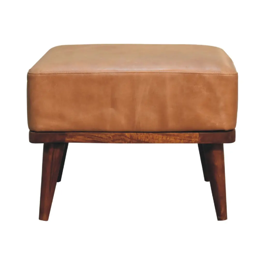 Tan Buffalo Hide Footstool Chestnut Hide Timber Ottoman artisan furniture