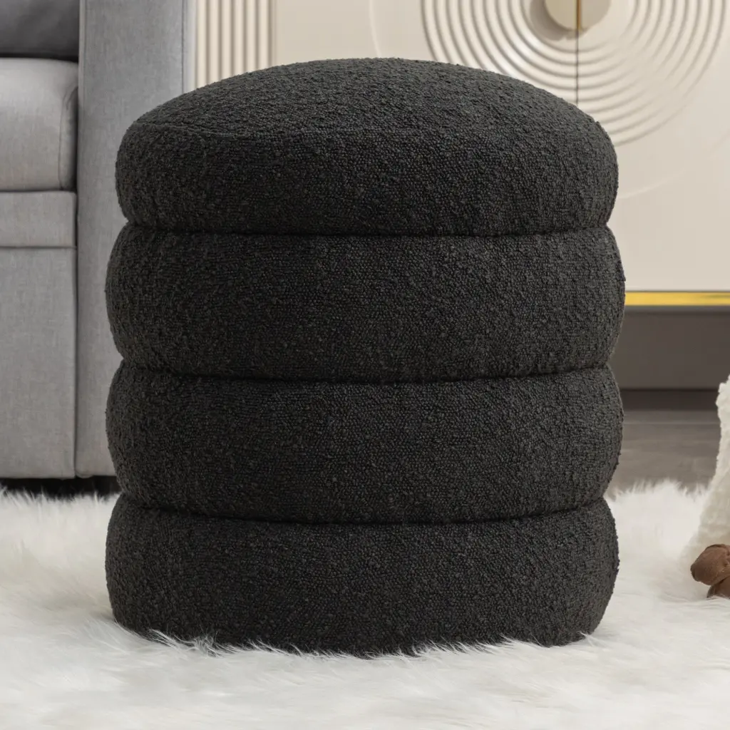 006 Soft Boucle Round Ottoman Footrest Stool Black Boucle Living Room dg collection