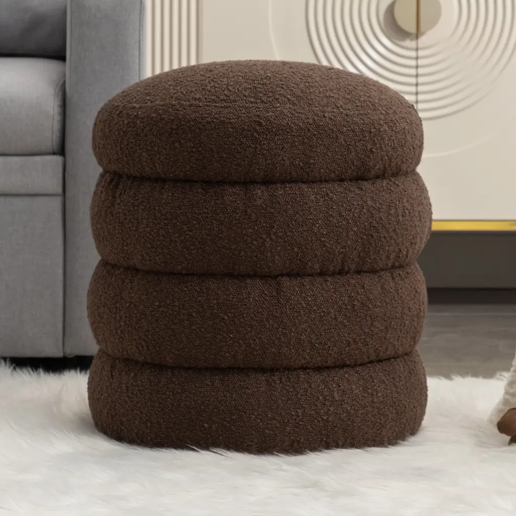 006 Soft Boucle Round Ottoman Footrest Stool, Brown Boucle Fabric dg collection
