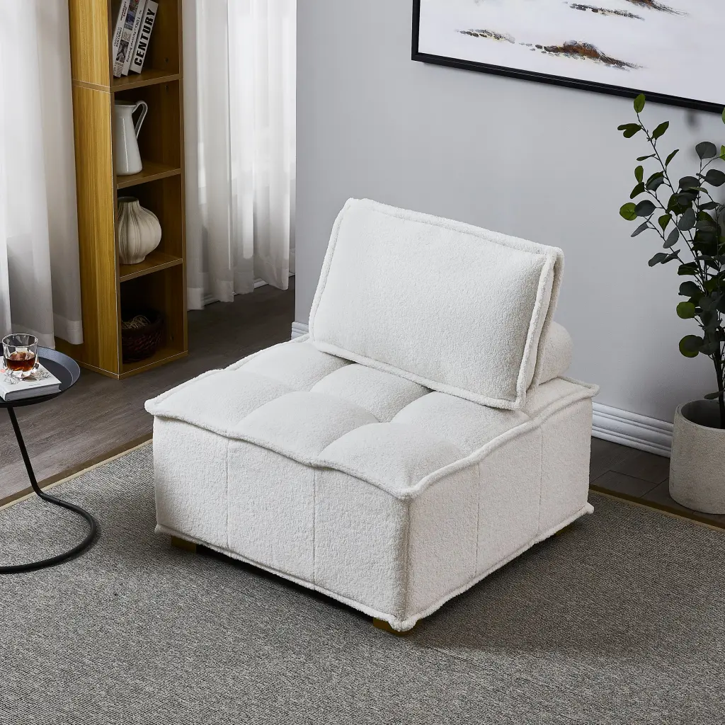 White Lazy Sofa Ottoman Gold Wooden Legs and Teddy Material Cozy Living Room hdf store