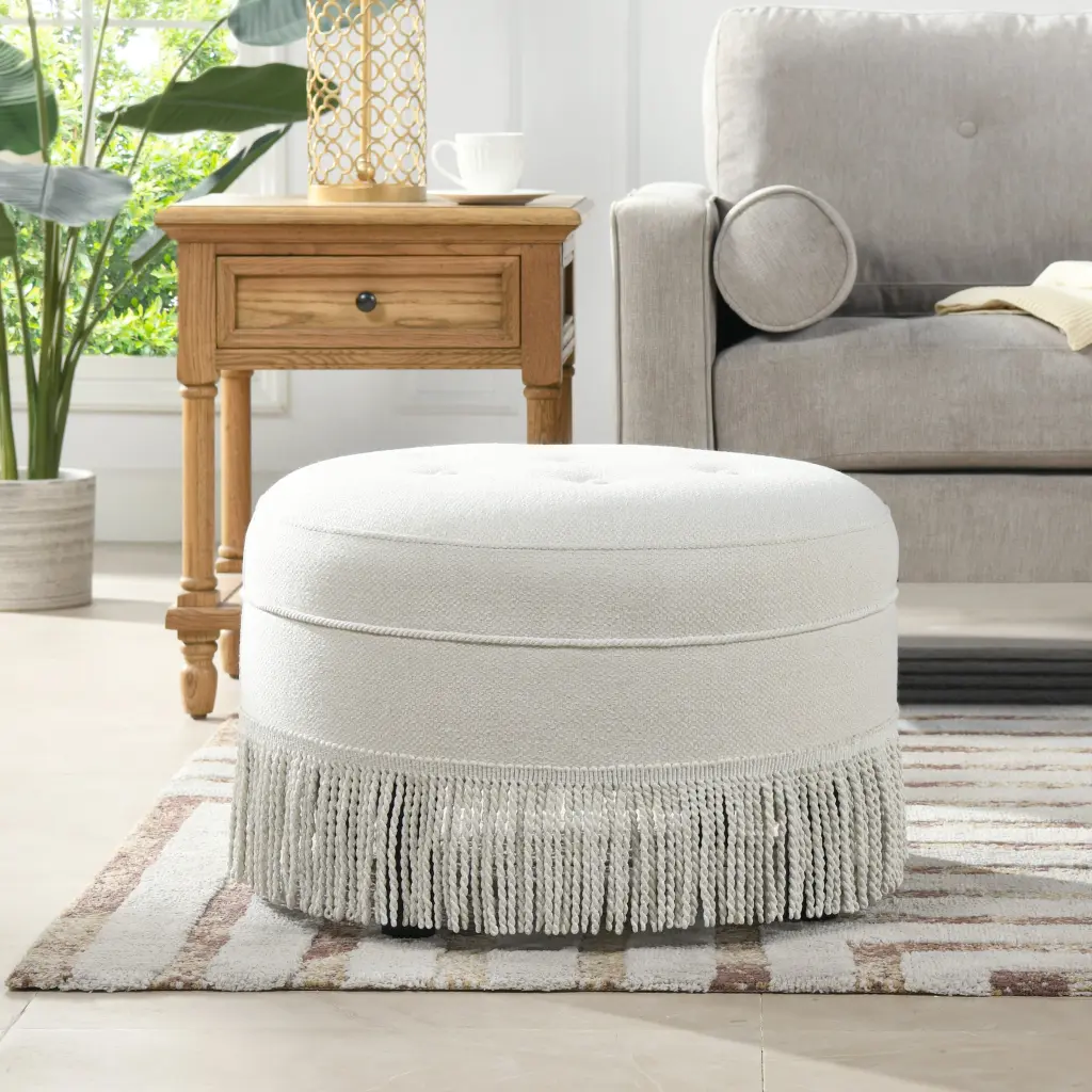 Yolanda 24" Round Upholstered Accent Ottoman Alabaster Off White Tweed Fabric jennifer taylor home