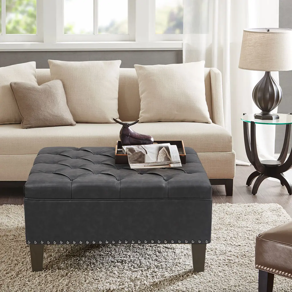 Tufted Square Cocktail Ottoman Charcoal Polyester Footrest Stool jla