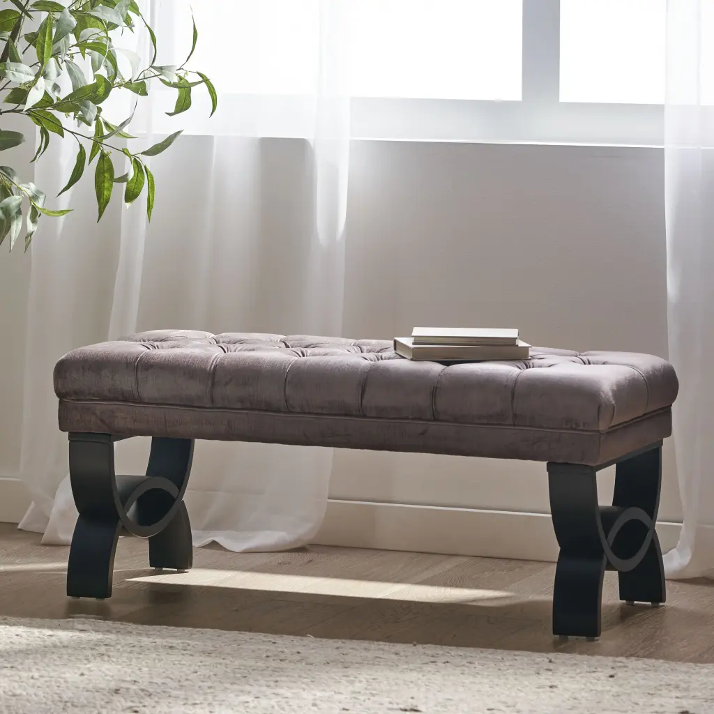 Hilton Ottoman Grey Velvet Footrest Stool Sturdy Wooden Legs nh-sunfay
