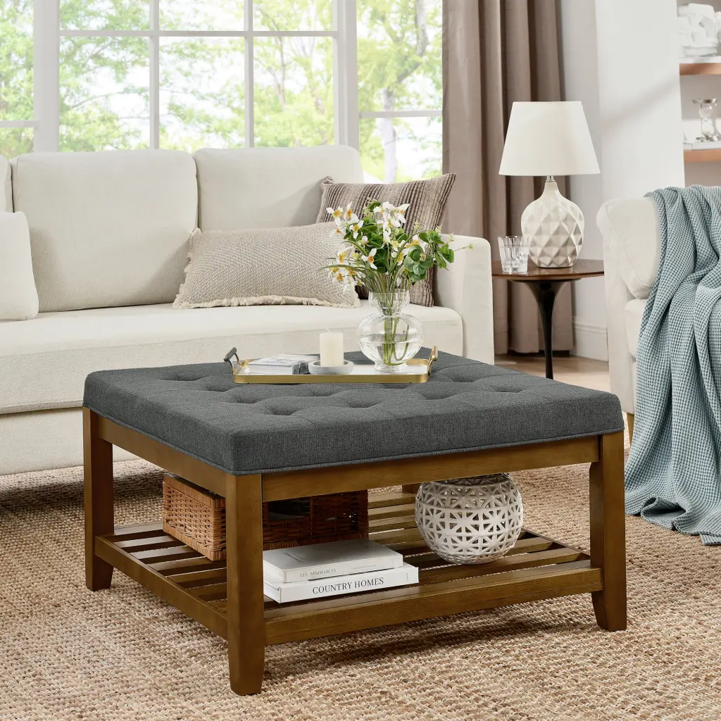 Upholstered Coffee Table Tufted Linen Large Square Ottoman Beech Wood Legs angela