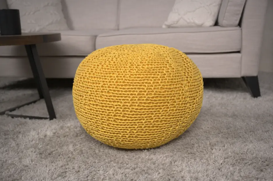 Bordeaux Knitted Cotton Round Pouf Yellow Footstool Ottoman Living Room bazar