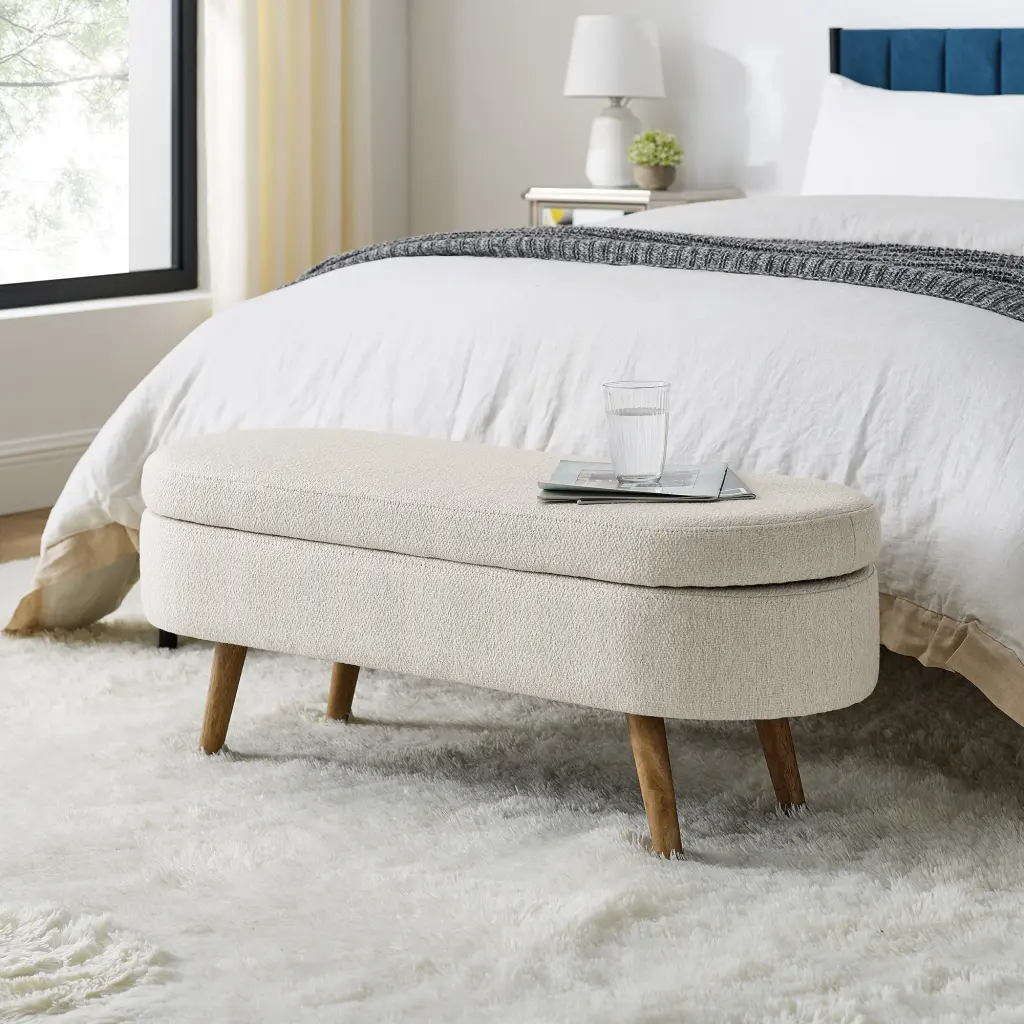 Oval Storage Bench Elastomer Timber Legs Beige 43.5 Inch Ottoman chuangyuan smart home