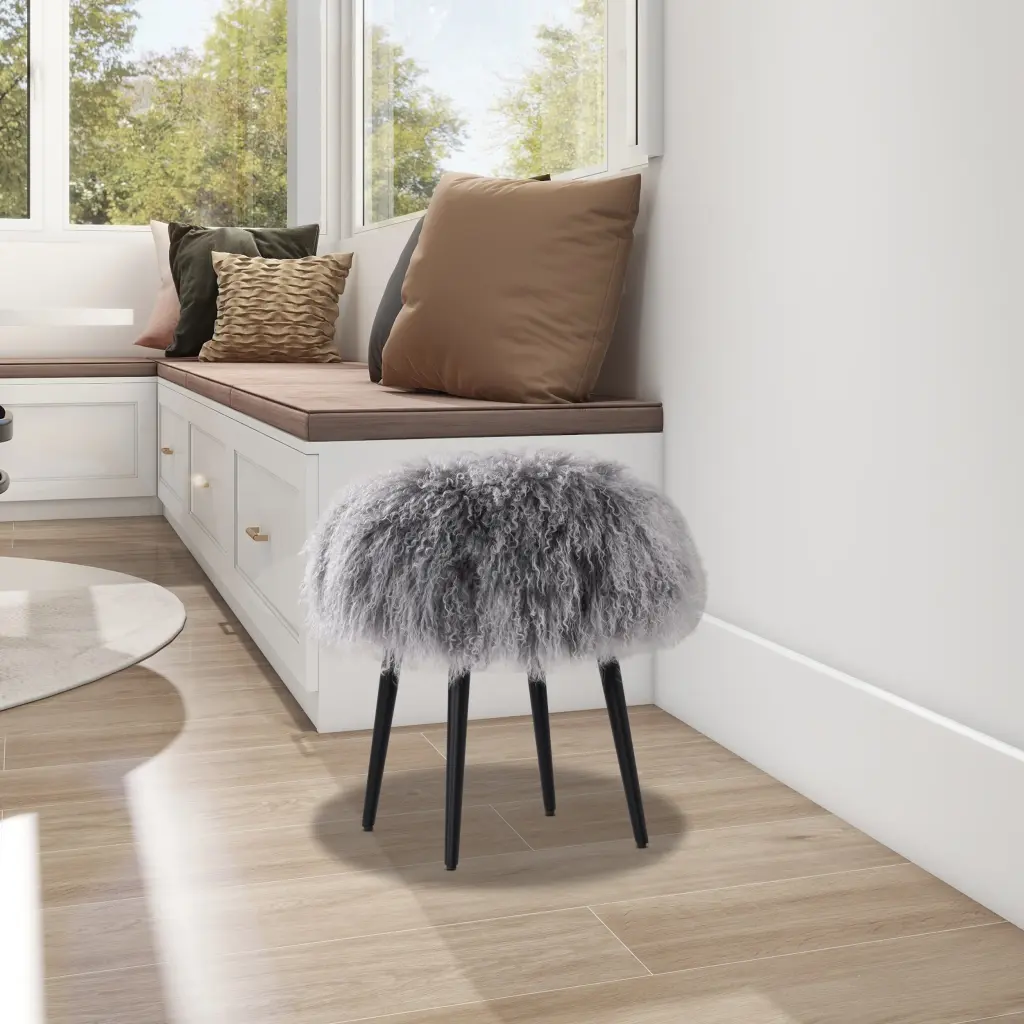 Alberta 16 Inch Mongolian Sheepskin Round Ottoman Gray Authentic Footstool jennifer taylor home