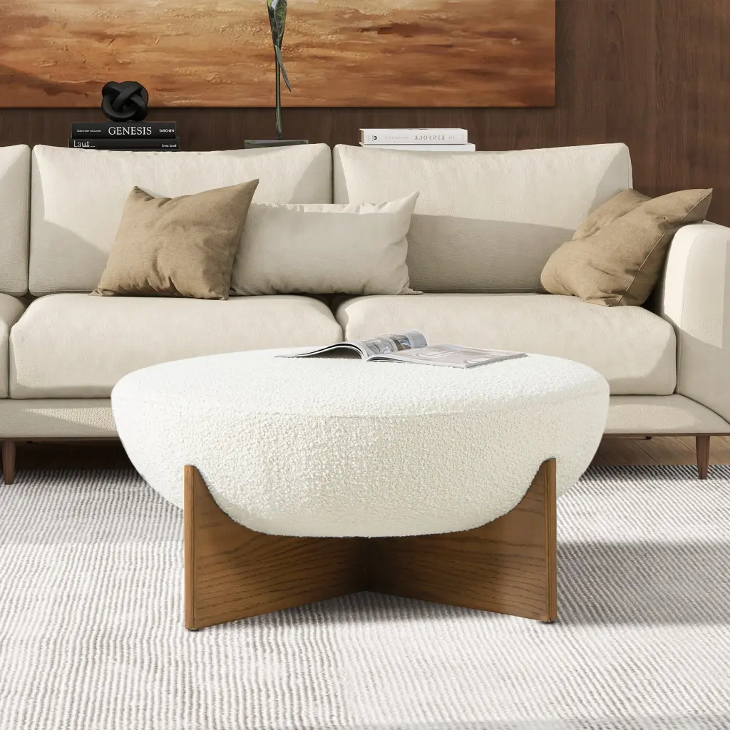 Bali 37 Inch Round Upholstered Cocktail Ottoman Natural Timber Base Ivory Footstool jennifer taylor home