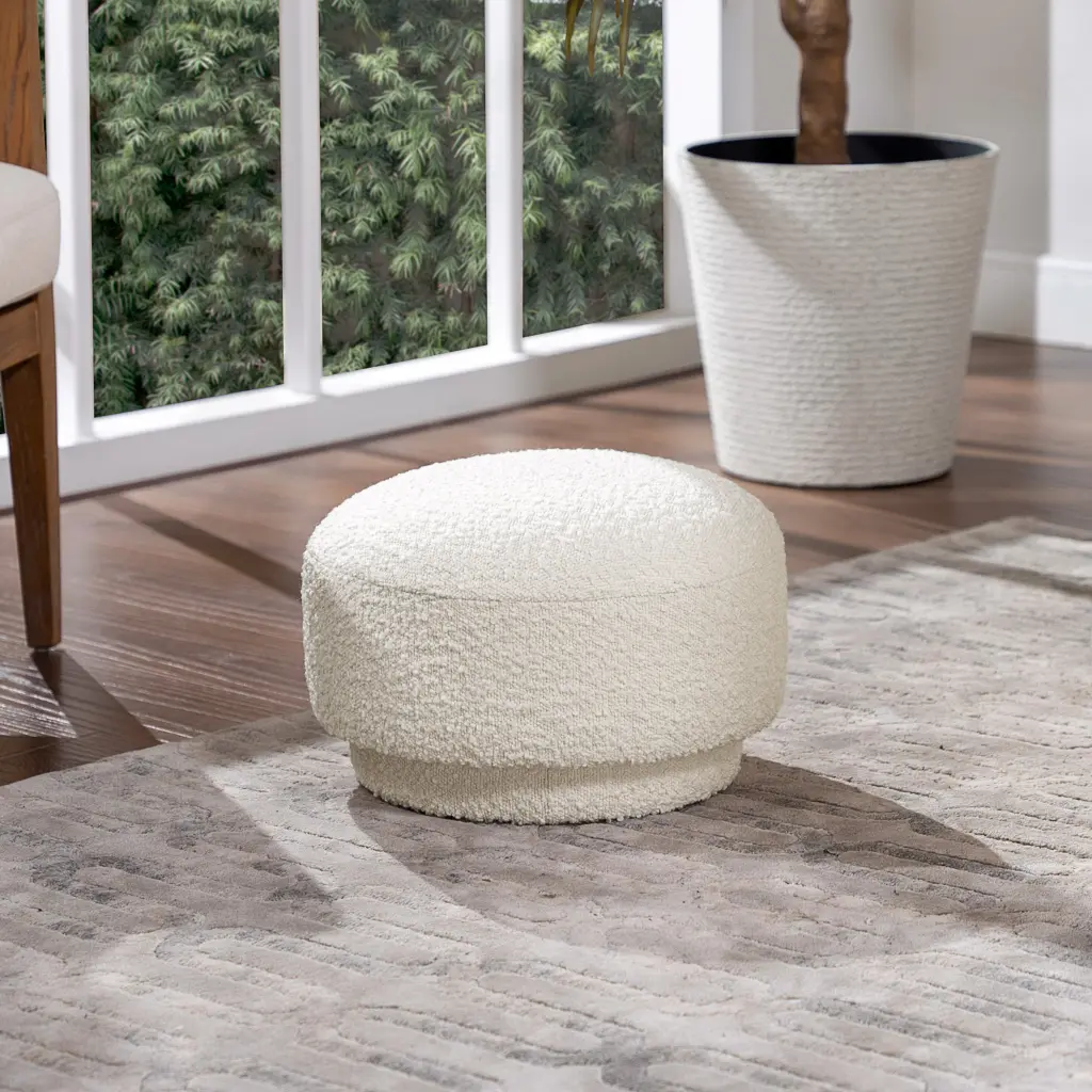Fuji 15 Inch Mushroom Footstool Ottoman Ivory White Boucle White Foam Pouf jennifer taylor home