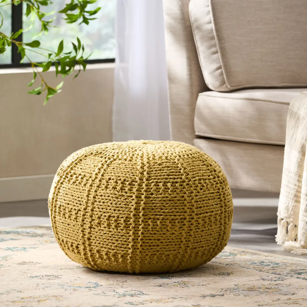 Yuny Knitted Cotton 20 X 20 Round Pouf - Yellow Cotton Footstool Ottoman nh-inmax