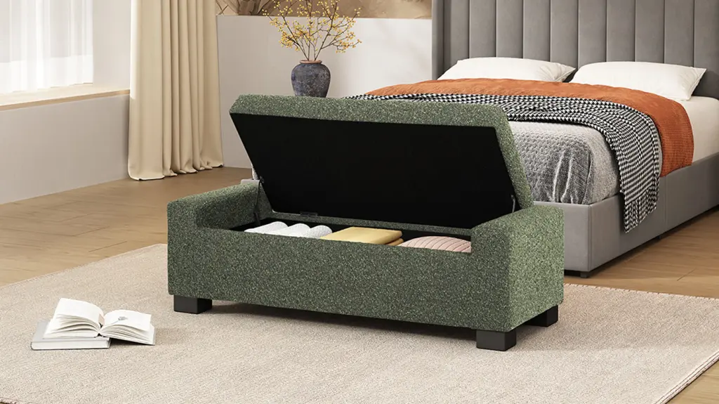 Storage Ottoman Blackish Green Material Upholstered Footrest Bench nh-purenest