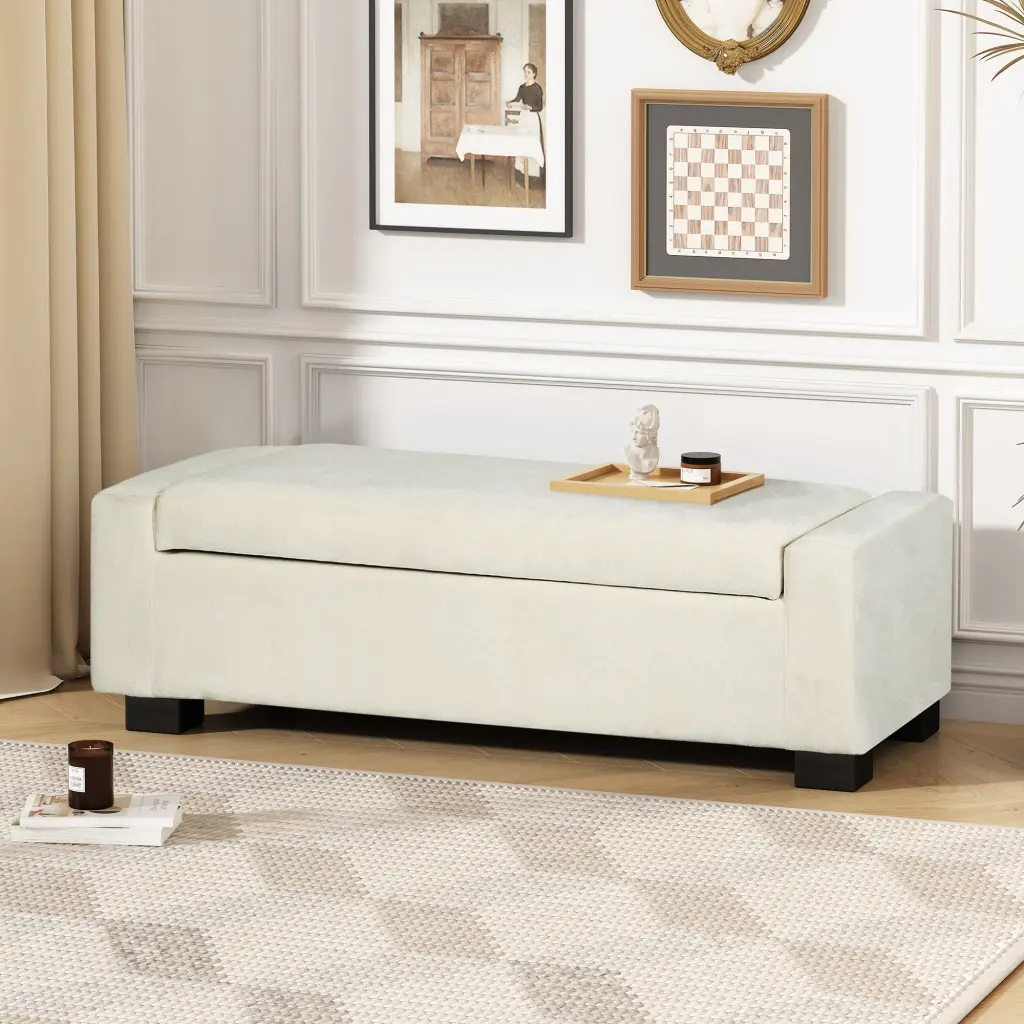 White Storage Ottoman Upholstered Footrest Hidden Storage nh-purenest