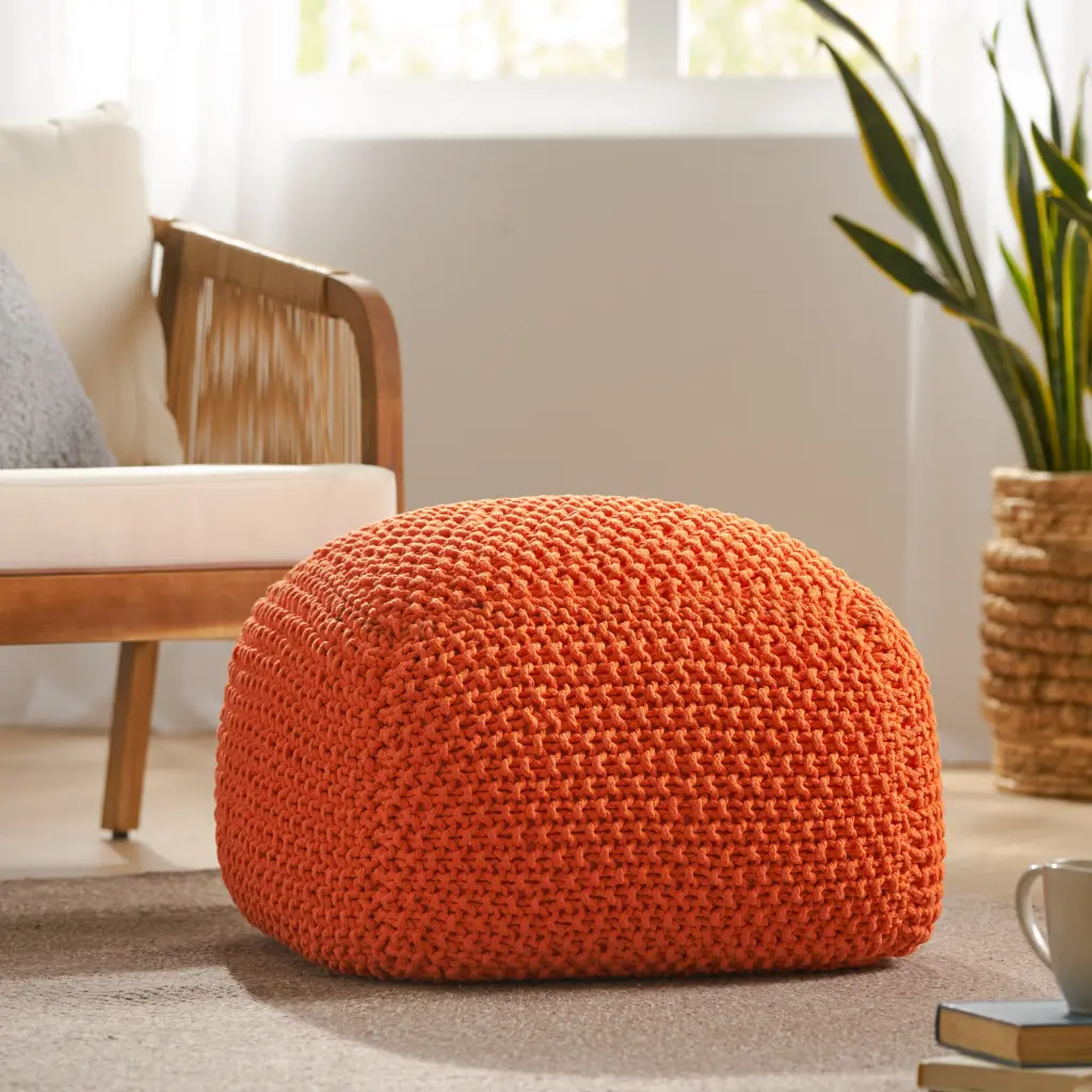 Hollis Knitted Cotton Pouf Cube 20 X 20 X 16 Pouf Orange Cotton nh-sunfay