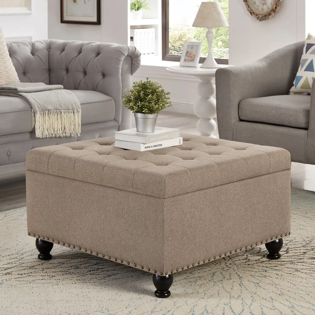 Large Square Storage Ottoman Timberen Legs Upholstered Button Tufted wm home furniture