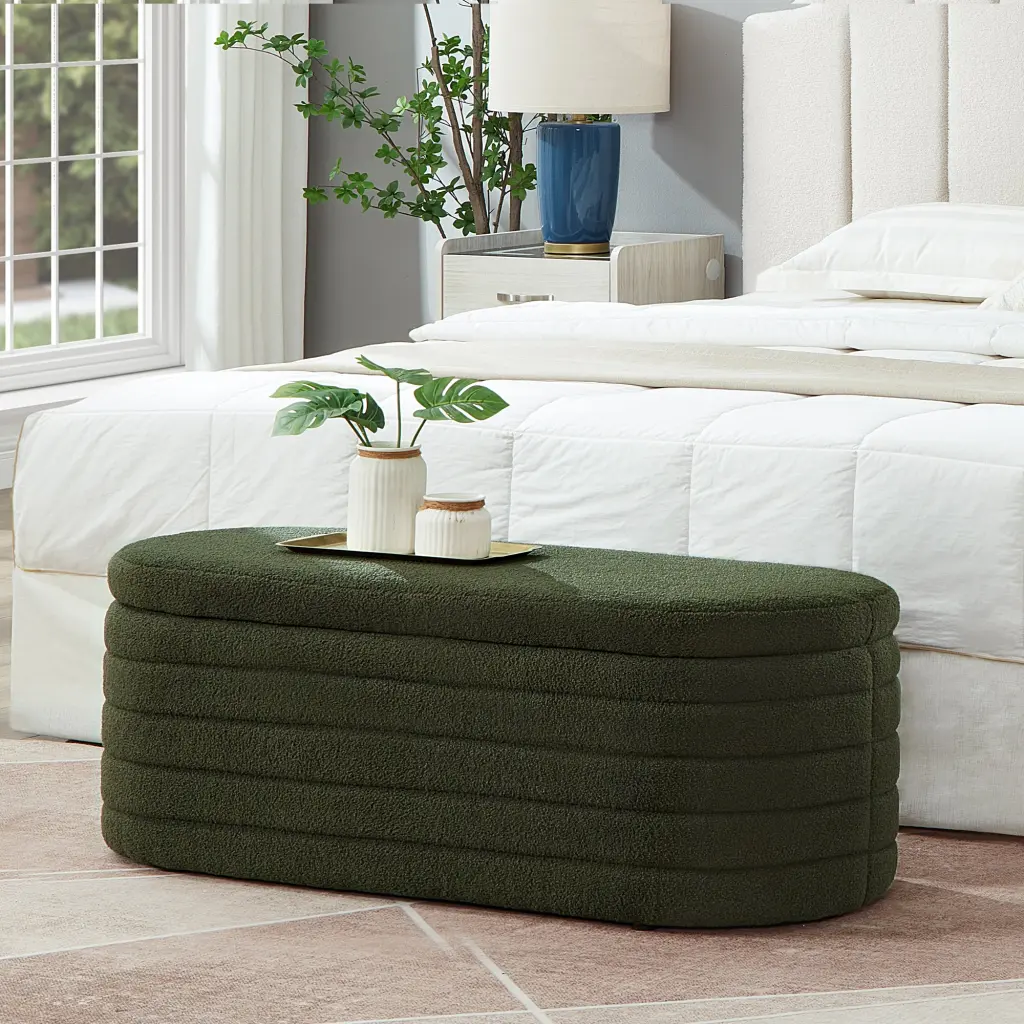 Modern Oval Storage Ottoman Bench Upholstered Boucle Teddy Material Living Room wm home furniture