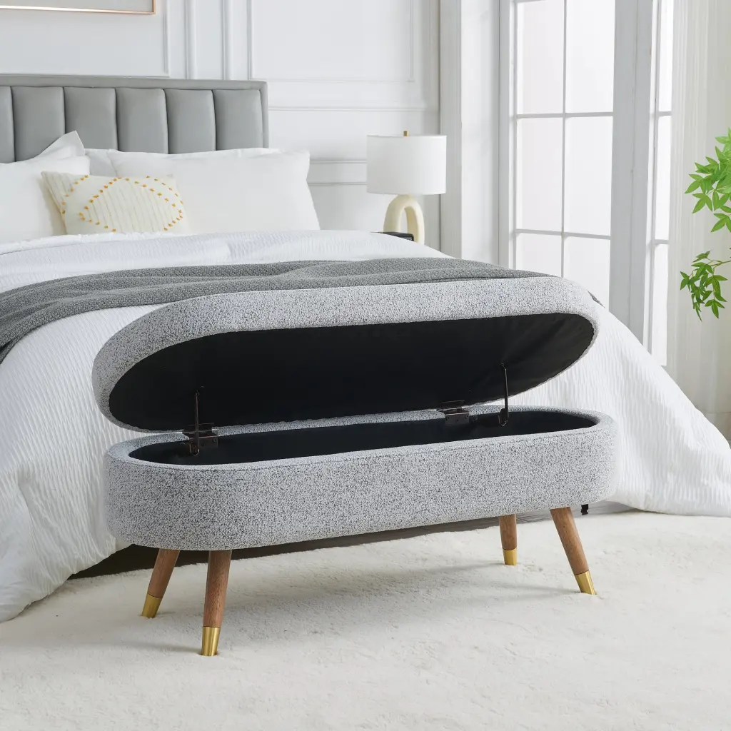 Storage Bench Upholstered Boucle Ottoman Precious Metal Metallic Legs dy-furniture