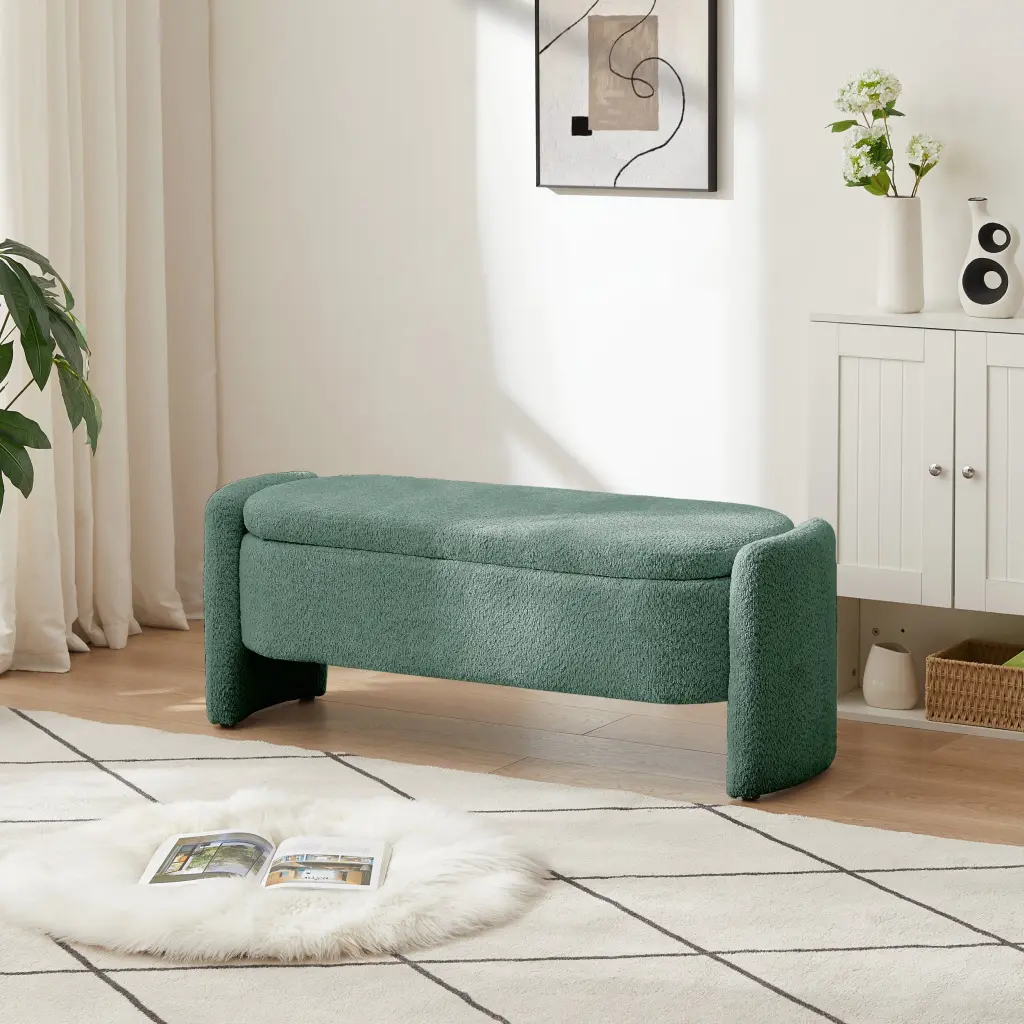 Ottoman Oval Storage Bench 3D Lamb Fleece Material Bench Large Storage fj furniture