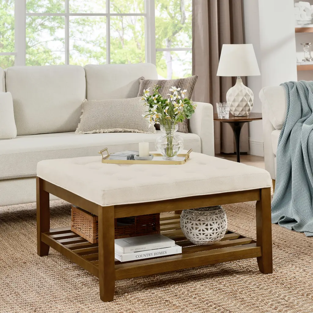 Large Square Tufted Linen Ottoman Upholstered Coffee Table Beech Legs angela