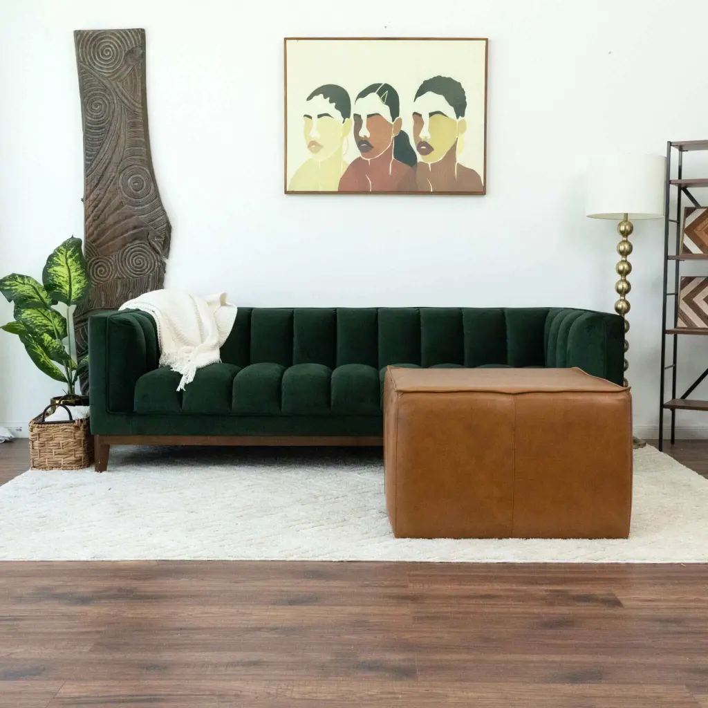 Mallory Mid Century Square Authentic Hide Upholstered Ottoman Tan ashcroft furniture