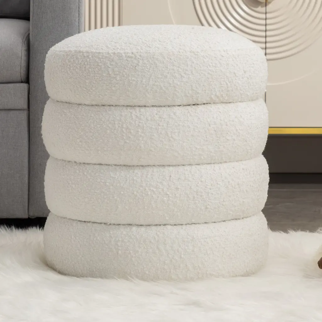 Soft Boucle Round Ottoman Footrest Stool White Boucle Fabric dg collection
