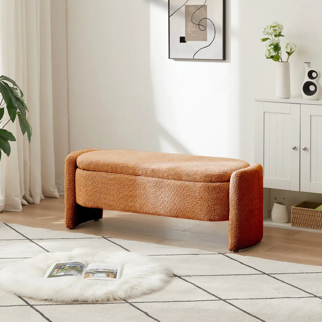 Ottoman Oval Storage Bench 3D Lamb Fleece Material Bench Large Storage fj furniture