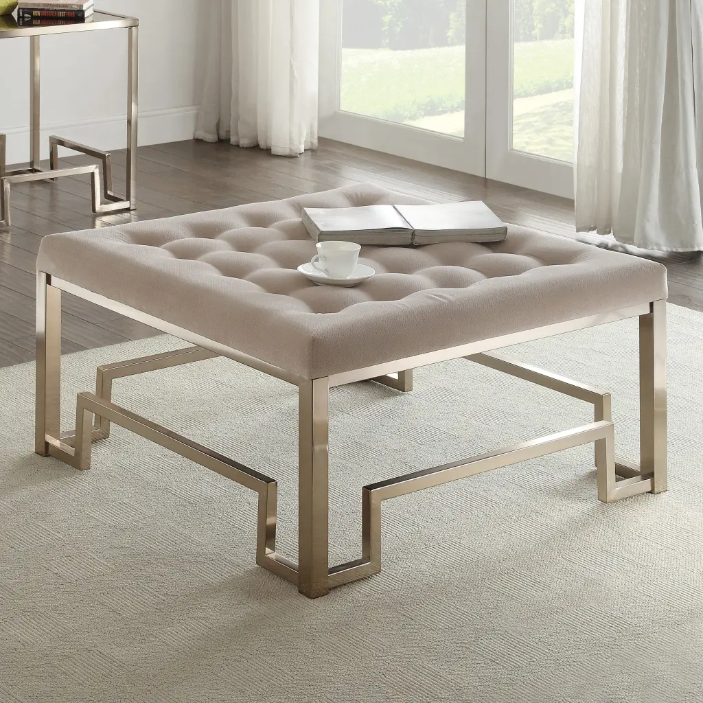 Beige And Champagne Cocktail Tufted Ottoman Champagne Metallic Primary Living Room Footrest furniture max