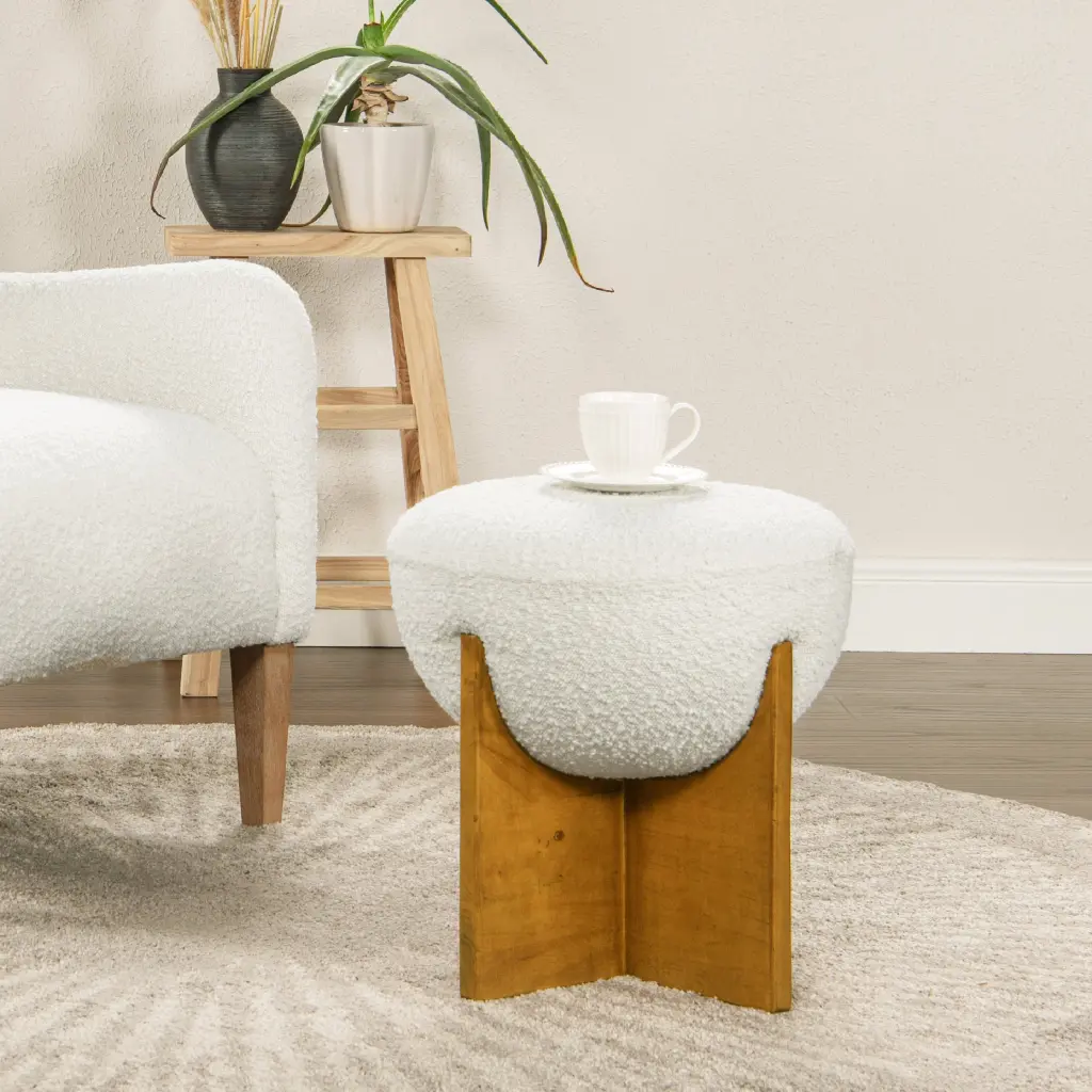 Bali 18.5 Inch Round Upholstered Ottoman Natural Timber Base Ivory White Fabric jennifer taylor home