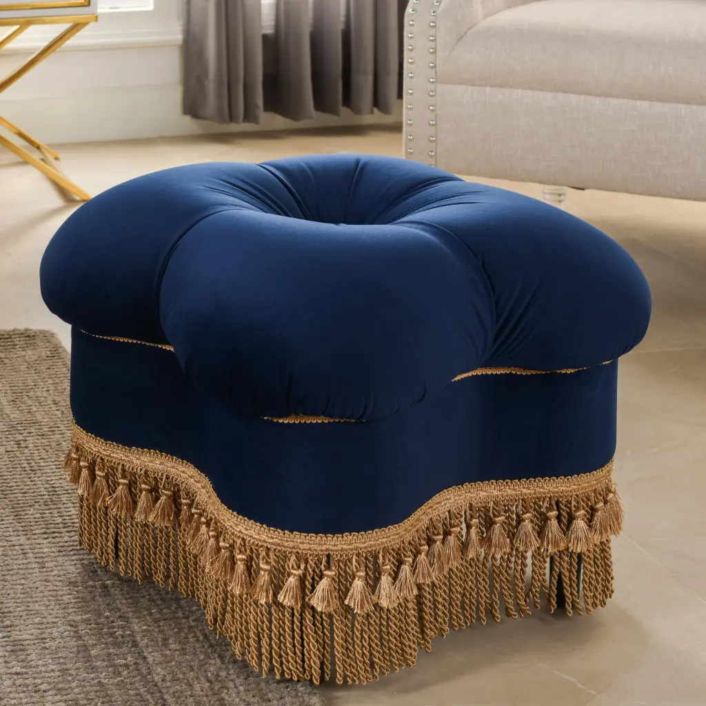 Ellen Upholstered Cr Ottoman Gold Bullion Fringe Navy Blue Velvet Ottoman jennifer taylor home
