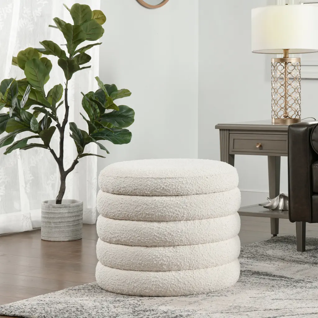 Fuji 19 Inch Oversized Round Storage Ottoman Ivory White Boucle jennifer taylor home