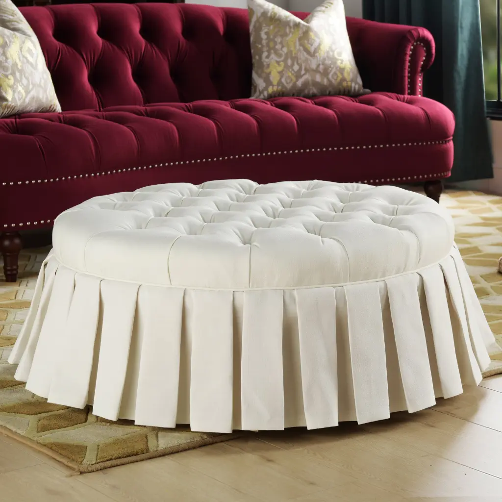Luciana Tufted Cocktail Ottoman Skirt Antique White Polyester Upholstery jennifer taylor home