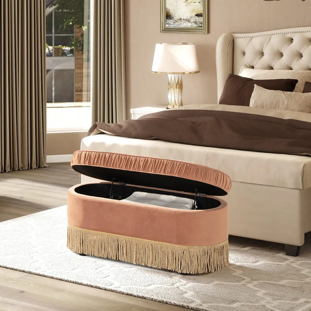 Serena 38 Inch Oval Storage Bench Ottoman Peach Orange Velvet and Foam Seat jennifer taylor home