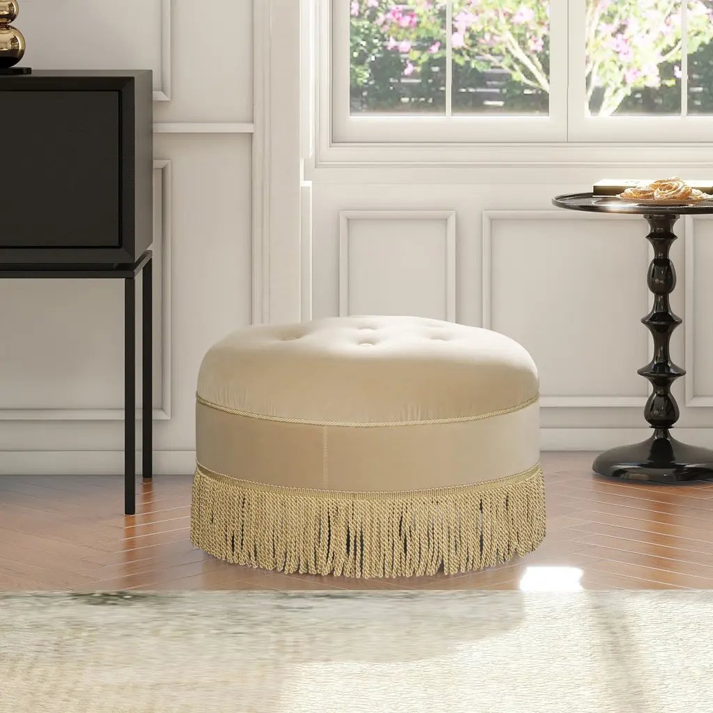 Yolanda 24 Inch Round Upholstered Accent Ottoman Fawn Brown jennifer taylor home