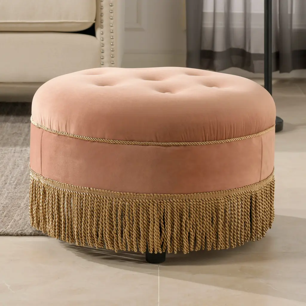 Yolanda 24 Inch Round Upholstered Accent Ottoman Peach Orange Velvet jennifer taylor home