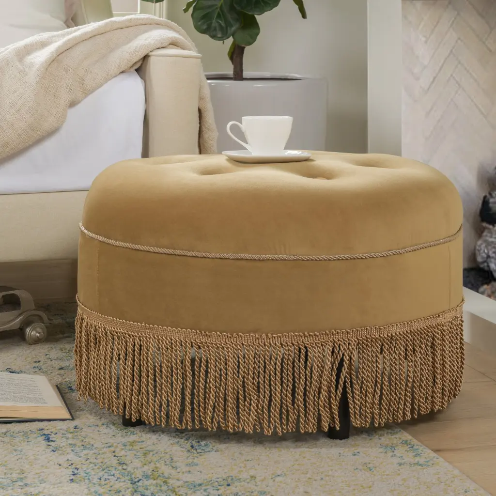 Yolanda 24 Inch Round Upholstered Accent Ottoman Yellow Velvet Living Room Footrest jennifer taylor home