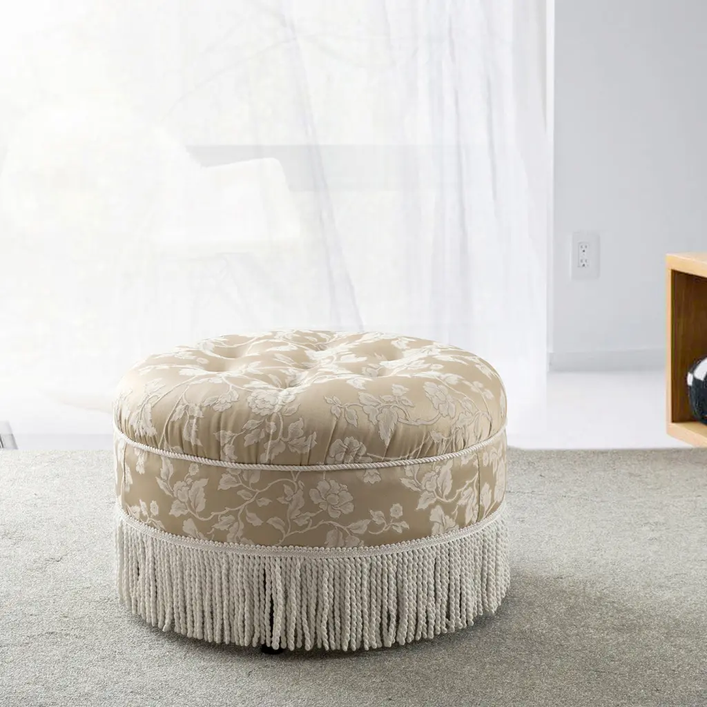 Yolanda 24 Inch Round Upholstered Accent Ottoman Champagne Beige Floral Footstool jennifer taylor home
