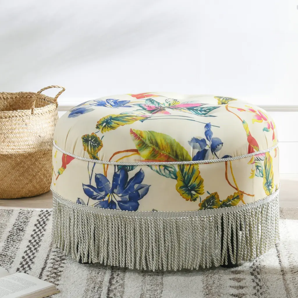 Yolanda 24 Inch Round Upholstered Accent Ottoman Beige Tropical Floral jennifer taylor home