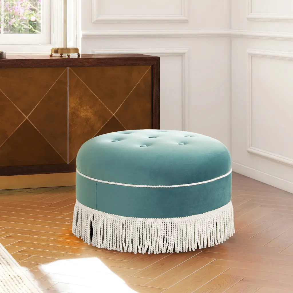 Yolanda 24 Inch Round Upholstered Accent Ottoman Arctic Blue Velvet jennifer taylor home