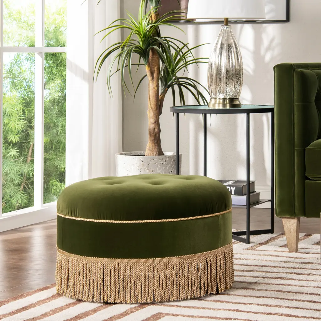 Yolanda 24 Inch Round Upholstered Accent Ottoman Olive Green Fabric jennifer taylor home