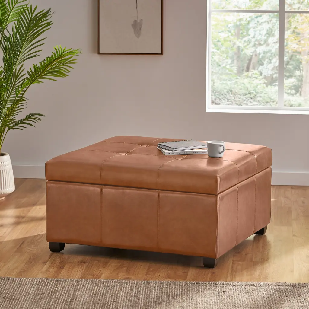Carlsbad Tan Wood PU Storage Ottoman Living Room Rustic Decor nh-an