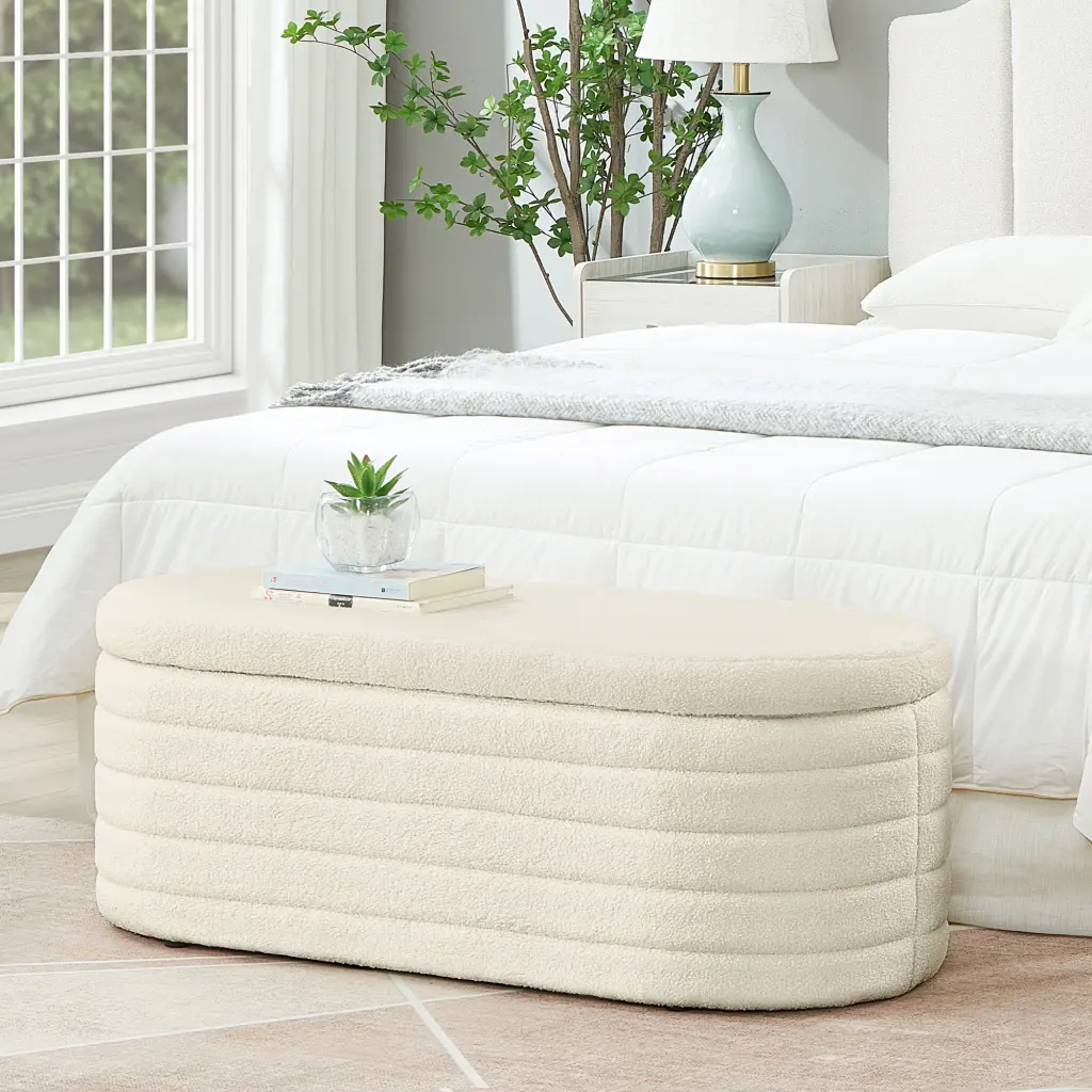 Modern Oval Storage Ottoman Bench Upholstered Boucle Teddy Material wm home furniture
