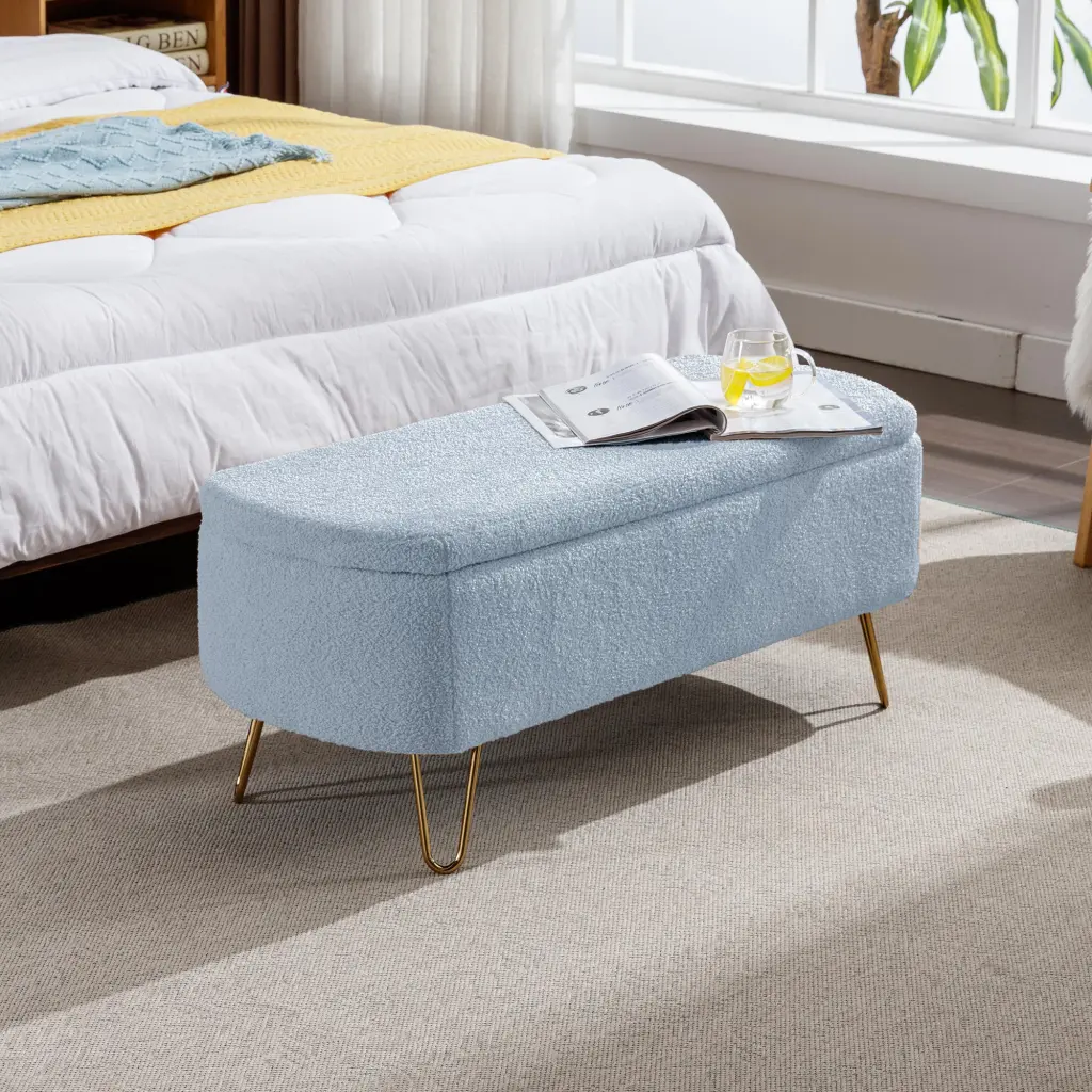 Blue Storage Ottoman Bench End Bed Precious Metal Legs Modern Grey Faux zen zone