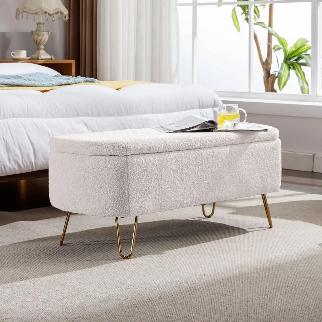 Ivory White Storage Ottoman Bench Precious Metal Legs Bedroom zen zone