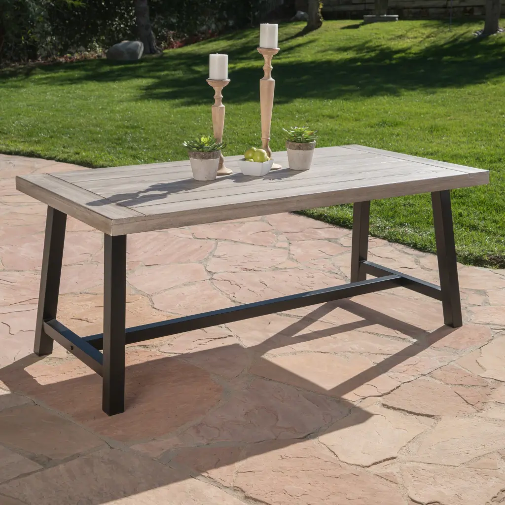 Outdoor Light Grey Sandblast Finish Acacia Wood Dining Table Black Metal Frame nh-uhome
