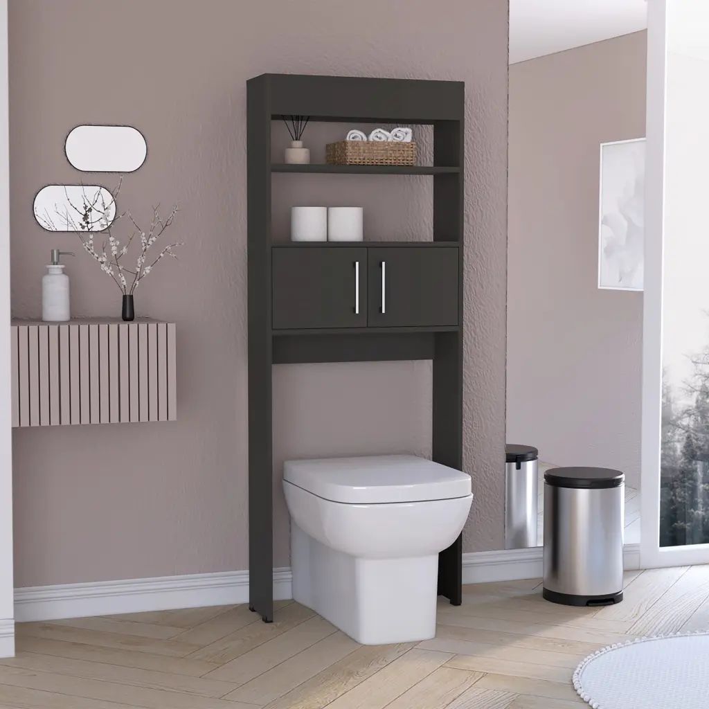 Madrid Over Toilet Cabinet Double Doors and Two Shelves Black Particle rta muebles colombia